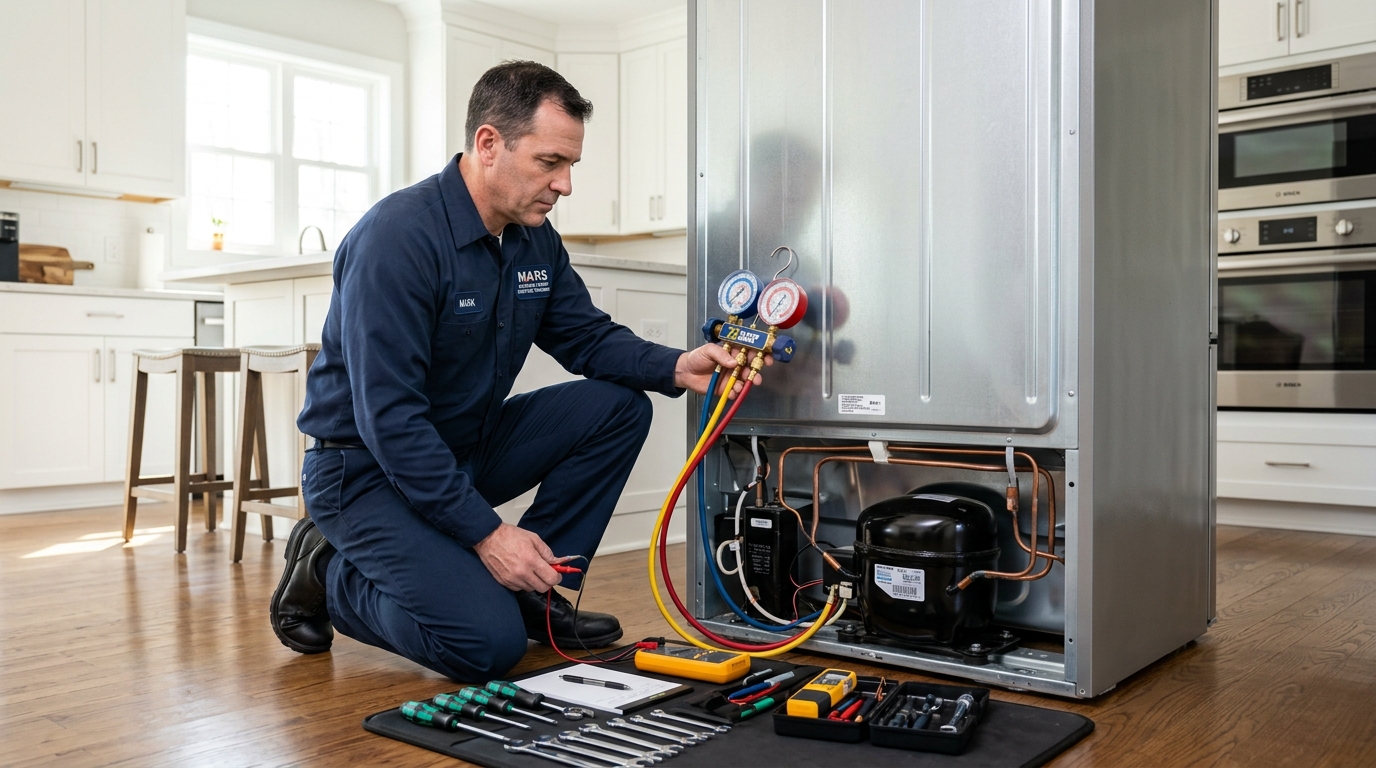 Technician testing refrigerator compressor and copper coils with manifold pressure gauge